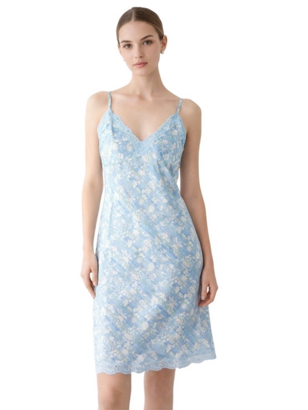Gold Hawk 100% Silk Forget Me Not Blue Print Lace Trim Slip Dress NWT Small